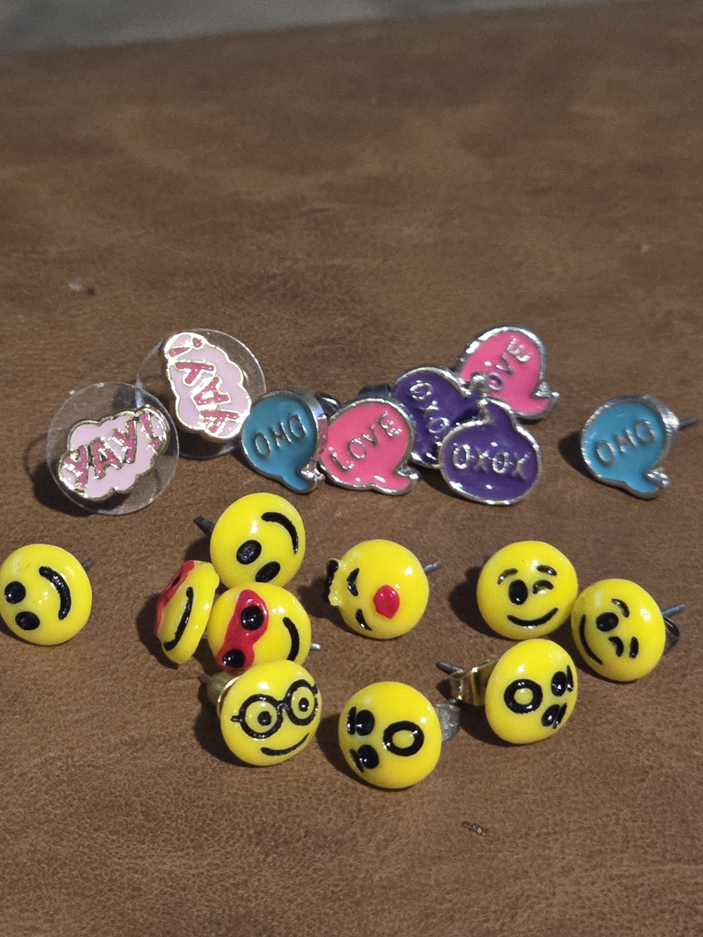 Emoji and Smilie Face Stud Earring Set - Yellow, Pink, Blue, Purple